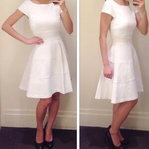 Sharagano White Waffle Knit Fit & Flare Skater A-Line Dress Zip Drop Waist Sz 8P